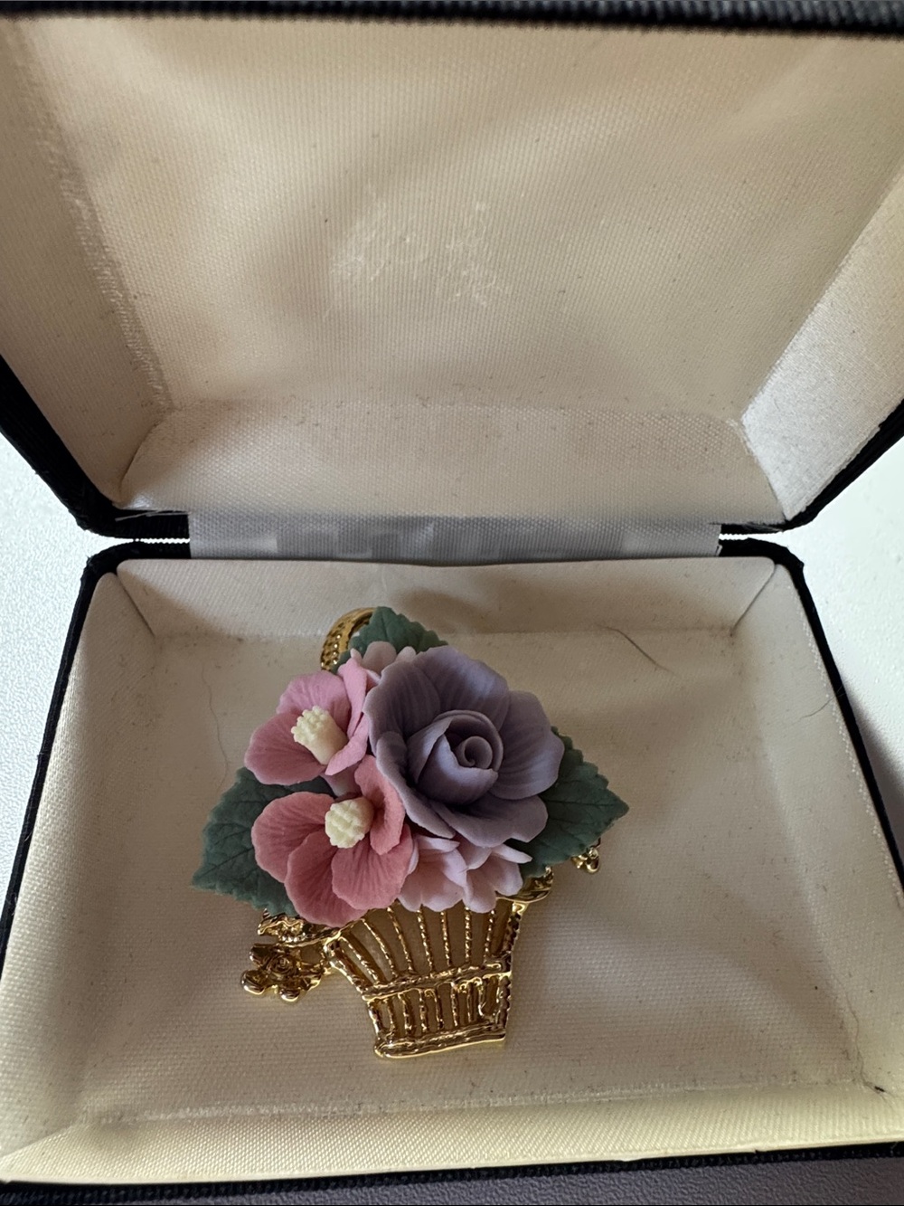 Vintage Porcelain Floral Basket Brooch - Pink & Lavender